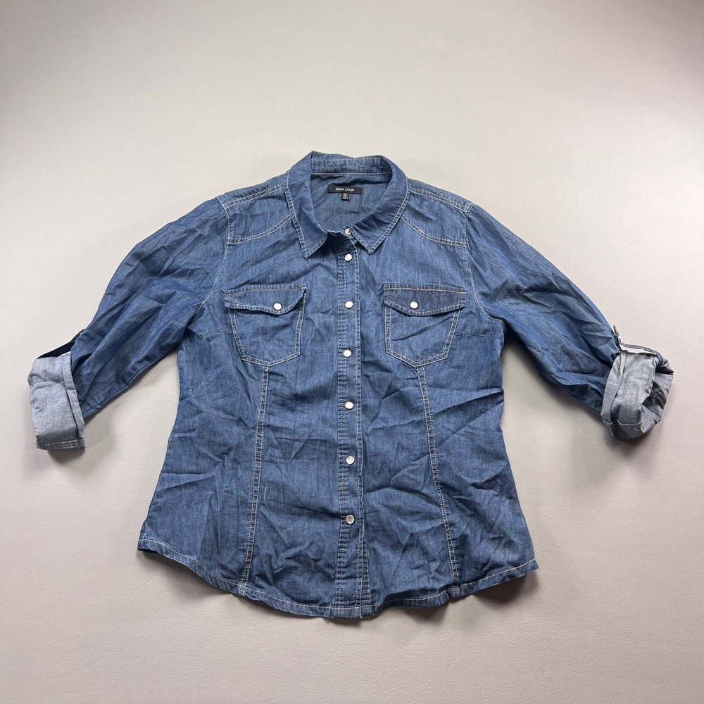 New Look Denim Western Shirt Womens XL Blue Cotton Roll Tab Sleeve Button Up